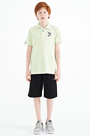 Açık Yeşil Minimal Nakış Detaylı Standart Kalıp Polo Yaka Erkek Çocuk T-Shirt - 11084