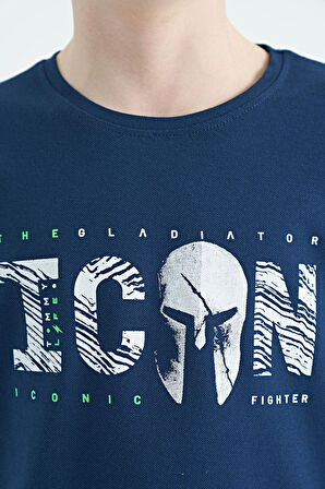 İndigo Ön Yazı Nakışlı O Yaka Standart Kalıp Erkek  Çocuk T-Shirt - 11118