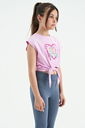 Pembe Kalp Baskılı Ön Düğüm Detaylı Rahat Form Kız Çocuk T-Shirt - 75114 | 7-8 Yaş