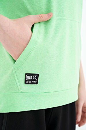 Neon Yeşil Kanguru Cepli Kapüşonlu Oversize Erkek Çocuk T-Shirt - 11160 | 7-8 Yaş