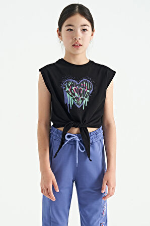 Siyah Kalp Baskılı Ön Düğüm Detaylı Rahat Form Kız Çocuk T-Shirt - 75114 | 14-15 Yaş