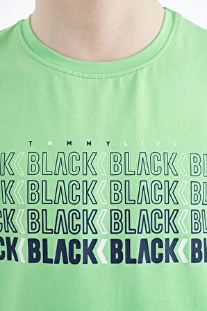 Neon Yeşil Yazı Baskılı O Yaka Standart Kalıp Erkek Çocuk T-Shirt - 11149 | 8-9 Yaş