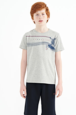Gri Melanj Baskı Detaylı Standart Kalıp O Yaka Erkek Çocuk T-Shirt - 11133