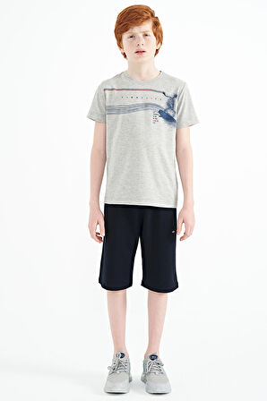Gri Melanj Baskı Detaylı Standart Kalıp O Yaka Erkek Çocuk T-Shirt - 11133
