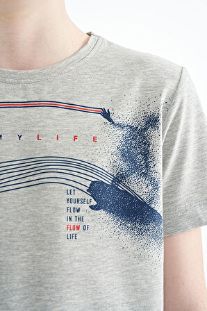 Gri Melanj Baskı Detaylı Standart Kalıp O Yaka Erkek Çocuk T-Shirt - 11133