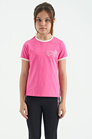 Şeker Pembe Minimal Yazı Baskılı O Yaka Rahat Form Kısa Kollu Kız Çocuk T-Shirt - 75110 | 11-12 Yaş
