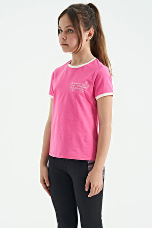 Şeker Pembe Minimal Yazı Baskılı O Yaka Rahat Form Kısa Kollu Kız Çocuk T-Shirt - 75110 | 11-12 Yaş
