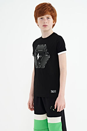 Siyah Kol Ucu Renkli Detaylı Baskılı Standart Kalıp Erkek Çocuk T-Shirt - 11156 | 6-7 Yaş