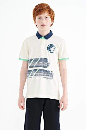 Ekru Baskı Detaylı Polo Yaka Standart Kalıp Erkek Çocuk T-Shirt - 11094 | 14-15 Yaş