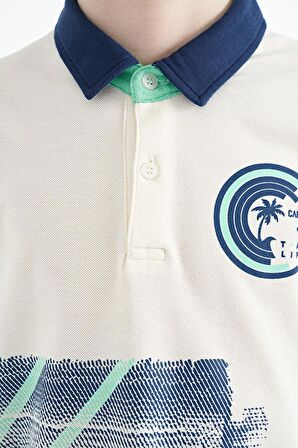 Ekru Baskı Detaylı Polo Yaka Standart Kalıp Erkek Çocuk T-Shirt - 11094 | 14-15 Yaş