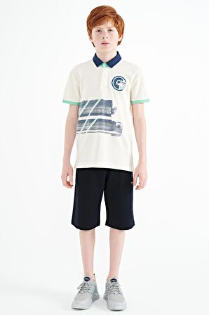Ekru Baskı Detaylı Polo Yaka Standart Kalıp Erkek Çocuk T-Shirt - 11094 | 14-15 Yaş
