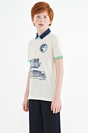 Ekru Baskı Detaylı Polo Yaka Standart Kalıp Erkek Çocuk T-Shirt - 11094 | 14-15 Yaş