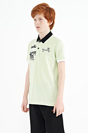 Açık Yeşil Yazı Nakış Detaylı Standart Kalıp Polo Yaka Erkek Çocuk T-Shirt - 11085