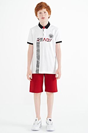 Beyaz Yazı Baskı Desenli Standart Kalıp Polo Yaka Erkek Çocuk T-Shirt - 11143 | 11-12 Yaş