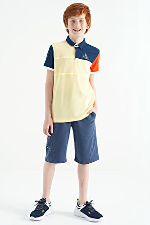 Sarı Renk Bloklu Nakış Yazı Detaylı Standart Kalıp Polo Yaka Erkek Çocuk T-Shirt - 11109 | 5-6 Yaş