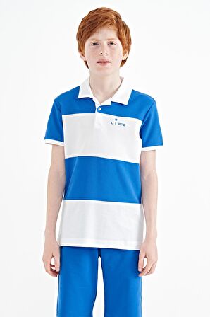 Beyaz Renk Bloklu Yazı Nakışlı Standart Kalıp Polo Yaka Erkek Çocuk T-Shirt - 11095 | 5-6 Yaş