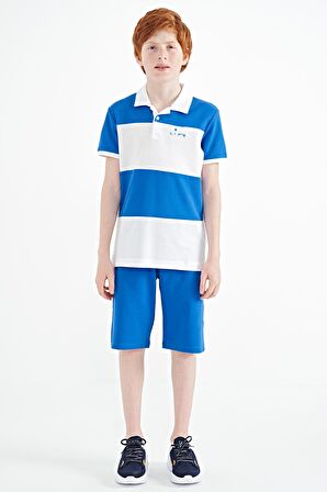 Beyaz Renk Bloklu Yazı Nakışlı Standart Kalıp Polo Yaka Erkek Çocuk T-Shirt - 11095 | 5-6 Yaş