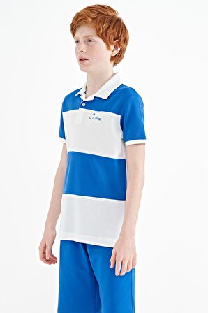 Beyaz Renk Bloklu Yazı Nakışlı Standart Kalıp Polo Yaka Erkek Çocuk T-Shirt - 11095 | 5-6 Yaş