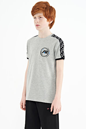 Gri Melanj Omuz Baskı Detaylı Standart Kalıp O Yaka Erkek Çocuk T-Shirt - 11121