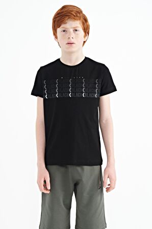Siyah Yazı Baskılı O Yaka Standart Kalıp Erkek Çocuk T-Shirt - 11149 | 6-7 Yaş