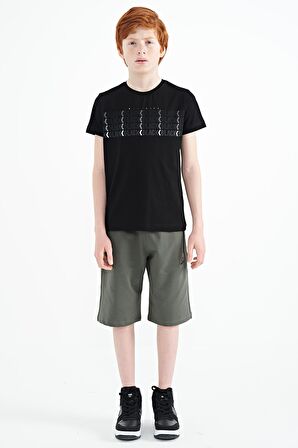 Siyah Yazı Baskılı O Yaka Standart Kalıp Erkek Çocuk T-Shirt - 11149 | 6-7 Yaş