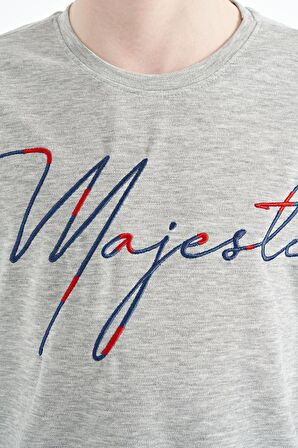 Gri Melanj Ön Yazı Nakışlı O Yaka Oversize Erkek Çocuk T-Shirt - 11147