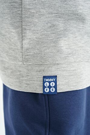 Gri Melanj Ön Yazı Nakışlı O Yaka Oversize Erkek Çocuk T-Shirt - 11147