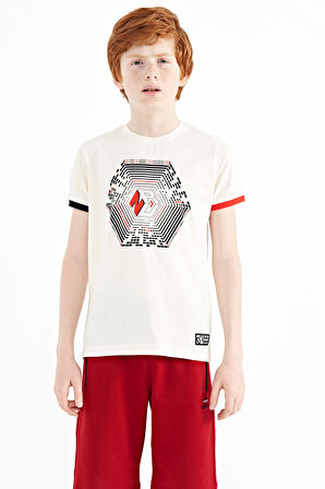 Ekru Kol Ucu Renkli Detaylı Baskılı Standart Kalıp Erkek Çocuk T-Shirt - 11156 | 5-6 Yaş