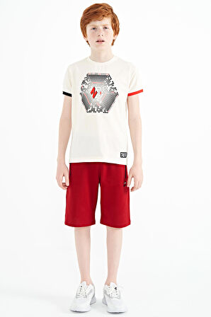 Ekru Kol Ucu Renkli Detaylı Baskılı Standart Kalıp Erkek Çocuk T-Shirt - 11156 | 5-6 Yaş