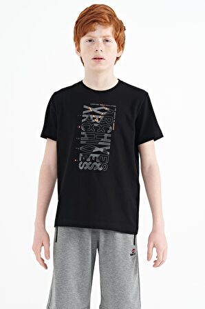 Siyah Ön Baskı Detaylı O Yaka Standart Kalıp Erkek Çocuk T-Shirt - 11099 | 5-6 Yaş
