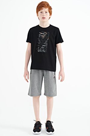 Siyah Ön Baskı Detaylı O Yaka Standart Kalıp Erkek Çocuk T-Shirt - 11099 | 5-6 Yaş