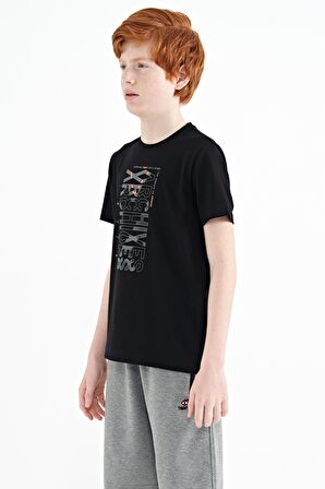 Siyah Ön Baskı Detaylı O Yaka Standart Kalıp Erkek Çocuk T-Shirt - 11099 | 5-6 Yaş