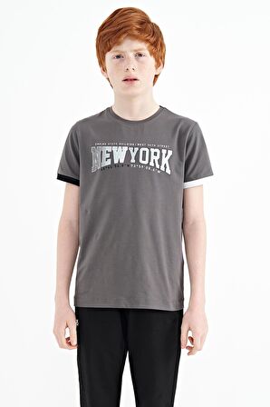 Koyu Gri Yazı Baskılı Standart Kalıp O Yaka Erkek  Çocuk T-Shirt - 11105 | 3-4 Yaş
