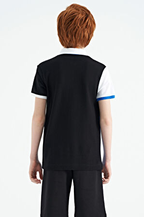 Siyah Renk Bloklu Nakış Detaylı Standart Kalıp Polo Yaka Erkek Çocuk T-Shirt - 11108 | 14-15 Yaş