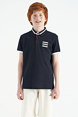Lacivert Yakası Renk Bloklu Baskı Detaylı Standart Kalıp Erkek Çocuk T-Shirt - 11111 | 14-15 Yaş