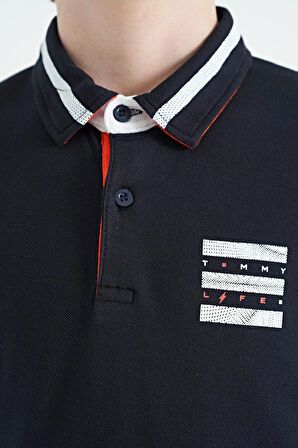 Lacivert Yakası Renk Bloklu Baskı Detaylı Standart Kalıp Erkek Çocuk T-Shirt - 11111 | 14-15 Yaş