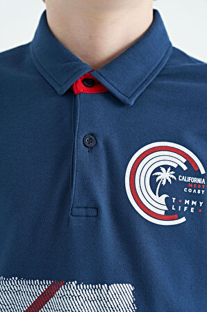 İndigo Baskı Detaylı Polo Yaka Standart Kalıp Erkek Çocuk T-Shirt - 11094