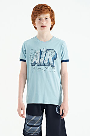 Açık Mavi Yazı Baskılı Standart Kalıp O Yaka Erkek Çocuk T-Shirt - 11098 | 7-8 Yaş
