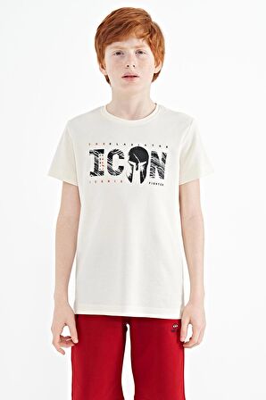 Ekru Ön Yazı Nakışlı O Yaka Standart Kalıp Erkek  Çocuk T-Shirt - 11118 | 8-9 Yaş