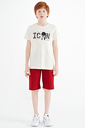 Ekru Ön Yazı Nakışlı O Yaka Standart Kalıp Erkek  Çocuk T-Shirt - 11118 | 8-9 Yaş