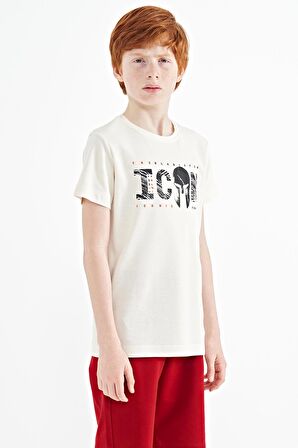 Ekru Ön Yazı Nakışlı O Yaka Standart Kalıp Erkek  Çocuk T-Shirt - 11118 | 8-9 Yaş