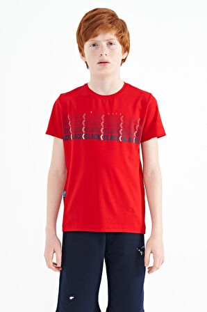 Kırmızı Yazı Baskılı O Yaka Standart Kalıp Erkek Çocuk T-Shirt - 11149 | 14-15 Yaş