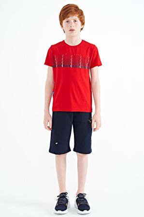 Kırmızı Yazı Baskılı O Yaka Standart Kalıp Erkek Çocuk T-Shirt - 11149 | 14-15 Yaş