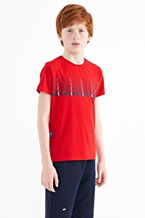 Kırmızı Yazı Baskılı O Yaka Standart Kalıp Erkek Çocuk T-Shirt - 11149 | 14-15 Yaş