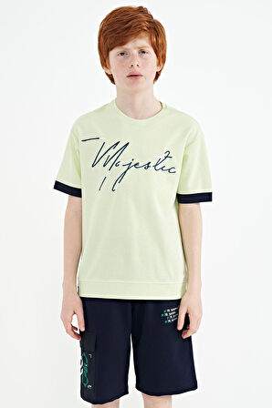 Açık Yeşil Ön Yazı Nakışlı O Yaka Oversize Erkek Çocuk T-Shirt - 11147
