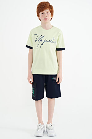 Açık Yeşil Ön Yazı Nakışlı O Yaka Oversize Erkek Çocuk T-Shirt - 11147
