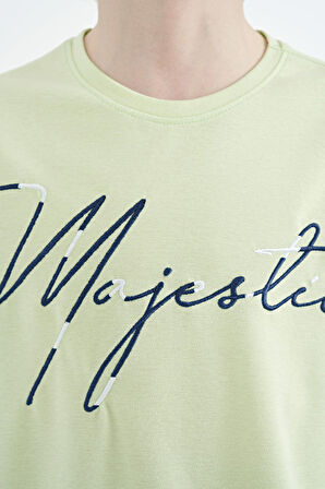 Açık Yeşil Ön Yazı Nakışlı O Yaka Oversize Erkek Çocuk T-Shirt - 11147
