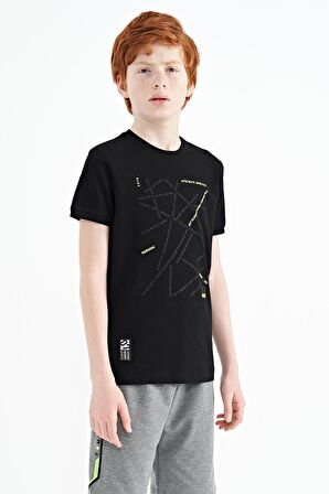 Siyah Minimal Yazı Baskılı Standart Kalıp O Yaka Erkek Çocuk T-Shirt - 11132 | 5-6 Yaş