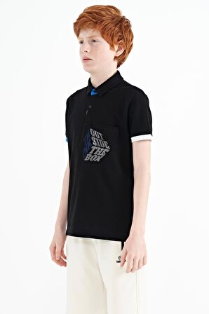 Siyah Ön Cep Detaylı Baskılı Standart Kalıp Polo Yaka Erkek Çocuk T-Shirt - 11102 | 13-14 Yaş