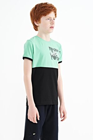 Su Yeşili Baskı Detaylı Renk Bloklu Standart Kalıp O Yaka Erkek Çocuk T-Shirt - 11107 | 12-13 Yaş